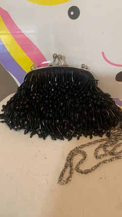 Vintage Black Beaded & Fringe Evening Clutch Purse with a chain strap Flapper