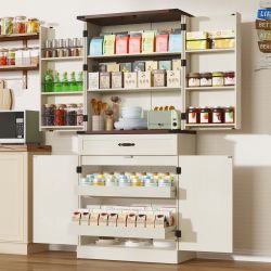 71" Tall Kitchen Pantry Cabinet with 3 Drawers, Farmhouse Storage Cabinet with 6 Barn Door Shelves,with Load-Bearing Steel Pipe and Adjustable Shelves