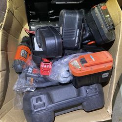Box Full Of 7 To 24 Volt Power Drills And Batteries Black Decker One Lot