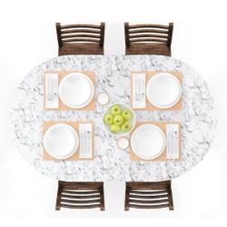 UMINEUX Oval Fitted Vinyl Tablecloth with Elastic Edged & Flannel Backing, Waterproof Wipeable Oval Table Cover - Fits Tables up to 42"X68" (WhiteMarb