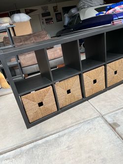 8-Cube Black Storage Organizer/Bookshelf + 4 Woven Baskets