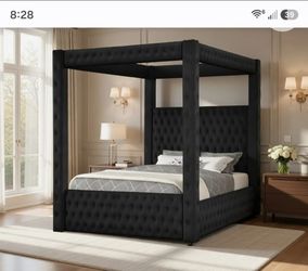 Black suede Queen Canopy Bed (New)