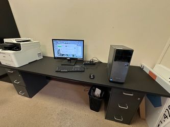 96" Commercial Office Workstation Desk – 8FT Desktop + 2 Steel File Cabinets (Dark Charcoal)