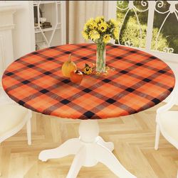 Smiry Round Picnic Tablecloth, Elastic Waterproof Fitted Vinyl Tablecloths For 36"-44" Tables, Flannel Backed Buffalo Plaid Table Cover For Dining, Ca