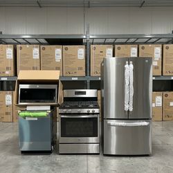 GE Stainless Steel 4-Piece Kitchen Appliance Bundle – French Door Fridge + Range + MW + DW