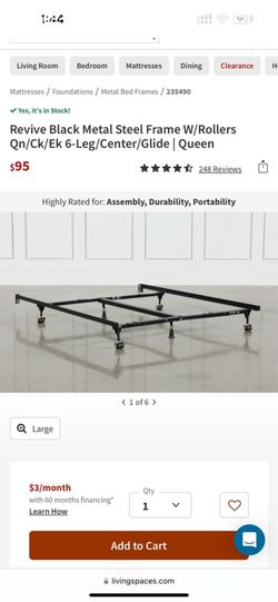 Black Metal Steel Frame W/Rollers Qn/Ck/Ek 6-Leg/Center/Glide