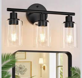 3-Light Bathroom Light Fixtures, 17.23" Black Modern Vanity Lights with Clear Glass Shade