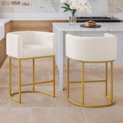 27”H Counter Height Fabric Bar Stools, Beige-Gold (Set of 2)
