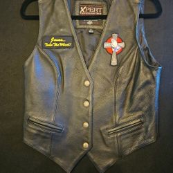 Xpert Leather Vest Womens  Black Genuine Real Biker Motorcycle Size M W/Patches 