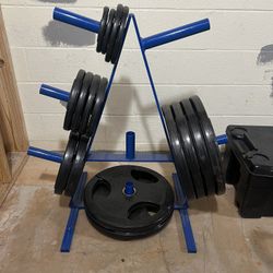 375lb Weights, Olympic Barbell, Adjustable Bench, And Matching  Weight Tree Set