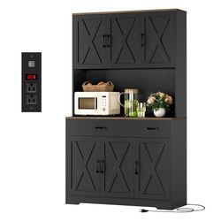 71" Pantry Cabinet with Charging Station, Tall Kitchen Pantry Storage Cabinet with Microwave Stand, Farmhouse Kitchen Hutch with Storage Dr