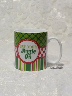 Clay Art Christmas Mug “Get Your Jingle On” Red Polka Dot Candy Cane Ceramic Cup