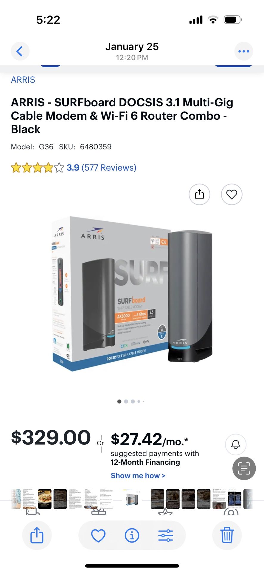 ARRIS Surfboard Docsis 3.1 Multigig Modem/Router Combo