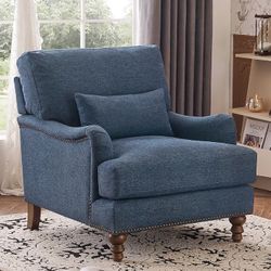 33 in. Dark Blue Fabric Arm Sofa Chair Filled with Goose Down and Foam Upholstered Accent Chair Set of 1