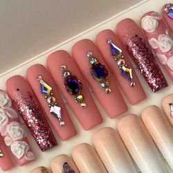 Extra long square press on nails rhinestones,glitter ombré, acrylic flowers