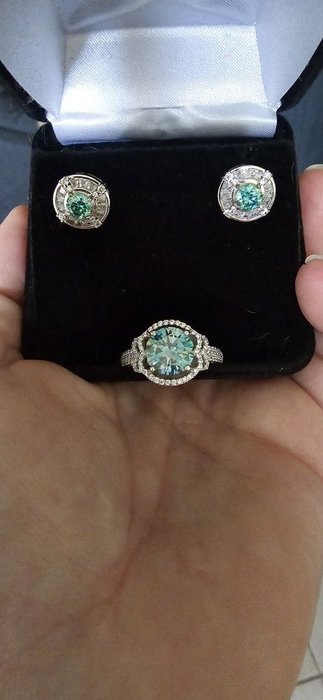 ****PRICE CUT*** Sterling Silver 3 CT Lab Grown Blue Moissanite Diamond Ring And Earrings 