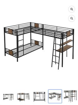 EUROCO Litera en Forma de L Twin sobre Twin con Escritorio y Repisa para Niños, Marrón