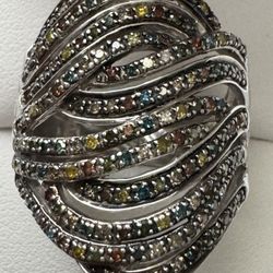 D'Joy Sterling Silver ~1CTW Multi-Colored Diamond Bypass Cluster Ring Size 9.25