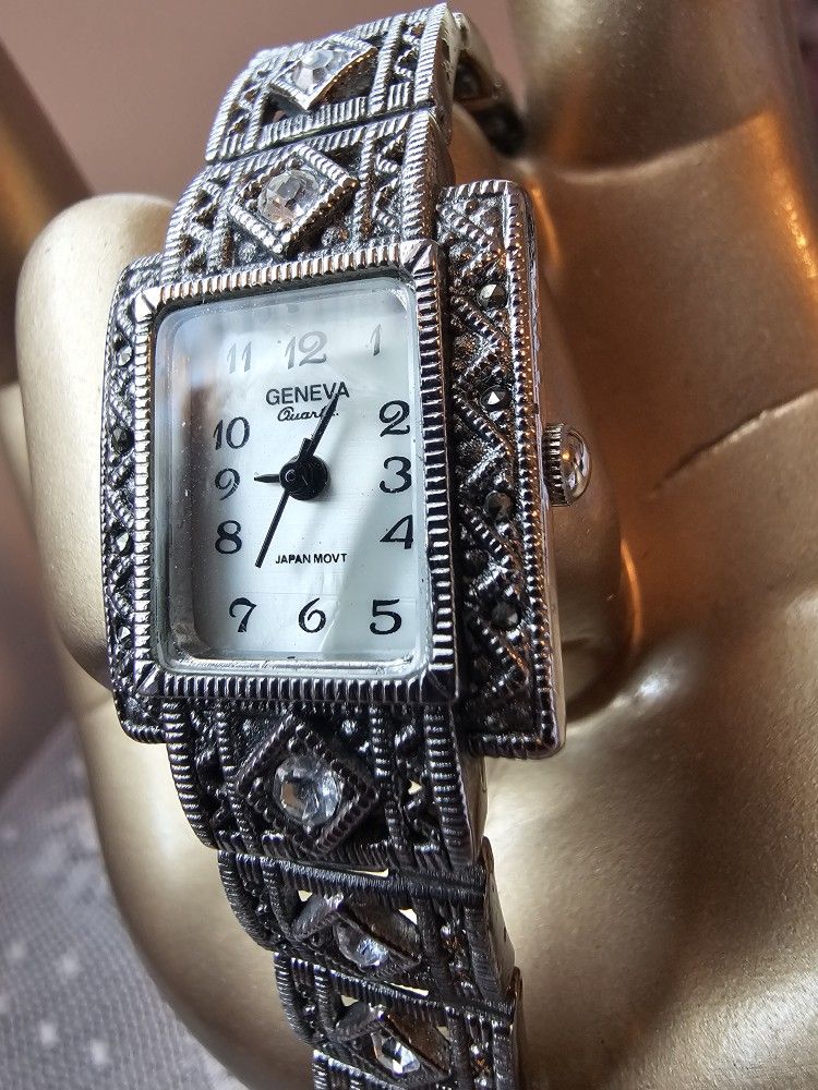 $65.00 - GENEVA WATCH, Vintage/Retro/Art Deco! Stainless Steel/Marcasite/Japan Movement - Needs New Battery!