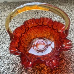 Fenton Thumbprint Colonial Red Orange Amberina Glass Ruffled Edge Basket
