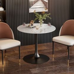 Set of 3, 30" Marble Round Home Kitchen Dining Table Marble Tabletop Round Modern Sintered Stone table and Set of 2 grey Upholstered Modern Chair wit