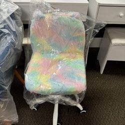 Cute Fuzzy Kids Chair Funny Rolling Study Desk Chair Colorful Girls Vanity Swivel Chair with White Foot