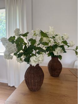 Set of 2 White Hydrangea Arrangements in Woven Vases