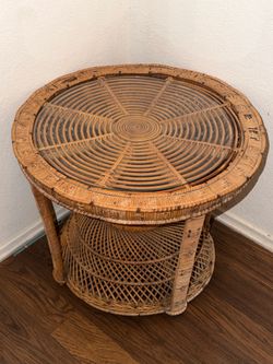 Vintage Rattan & Wicker Hourglass Side Table with Glass Top