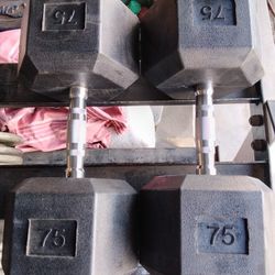 Pair Of 75 Lb Rubber Hex Dumbbells 150 Lb Total Weight