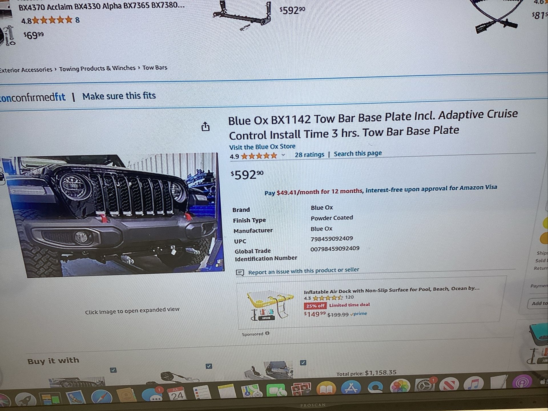 BOAT RV BLUE OX BX1142 TOW BAR BASE PLATE INCL ADAPTIVE CRUISE CONTROL 3hrs NEW
