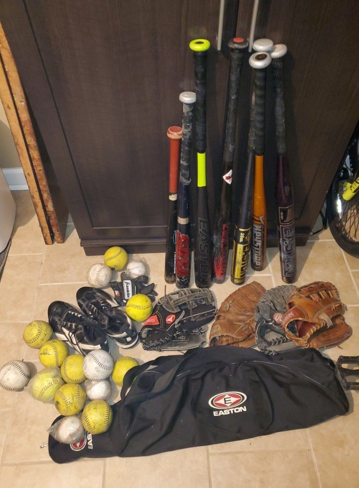 Baseball/Softball Lot/ Baseball Gloves/ Softballs/Baseball Bats/shoes/gloves/Baseball's 