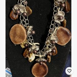 Amber Brown Color Bib Necklace Silver Tone Floral Jewelry Statement