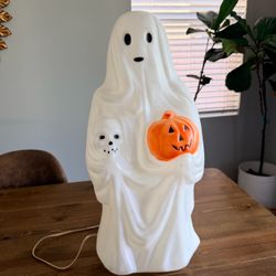 Vintage Halloween Blow Mold Ghost with Pumpkin and Skull Lighted 23"