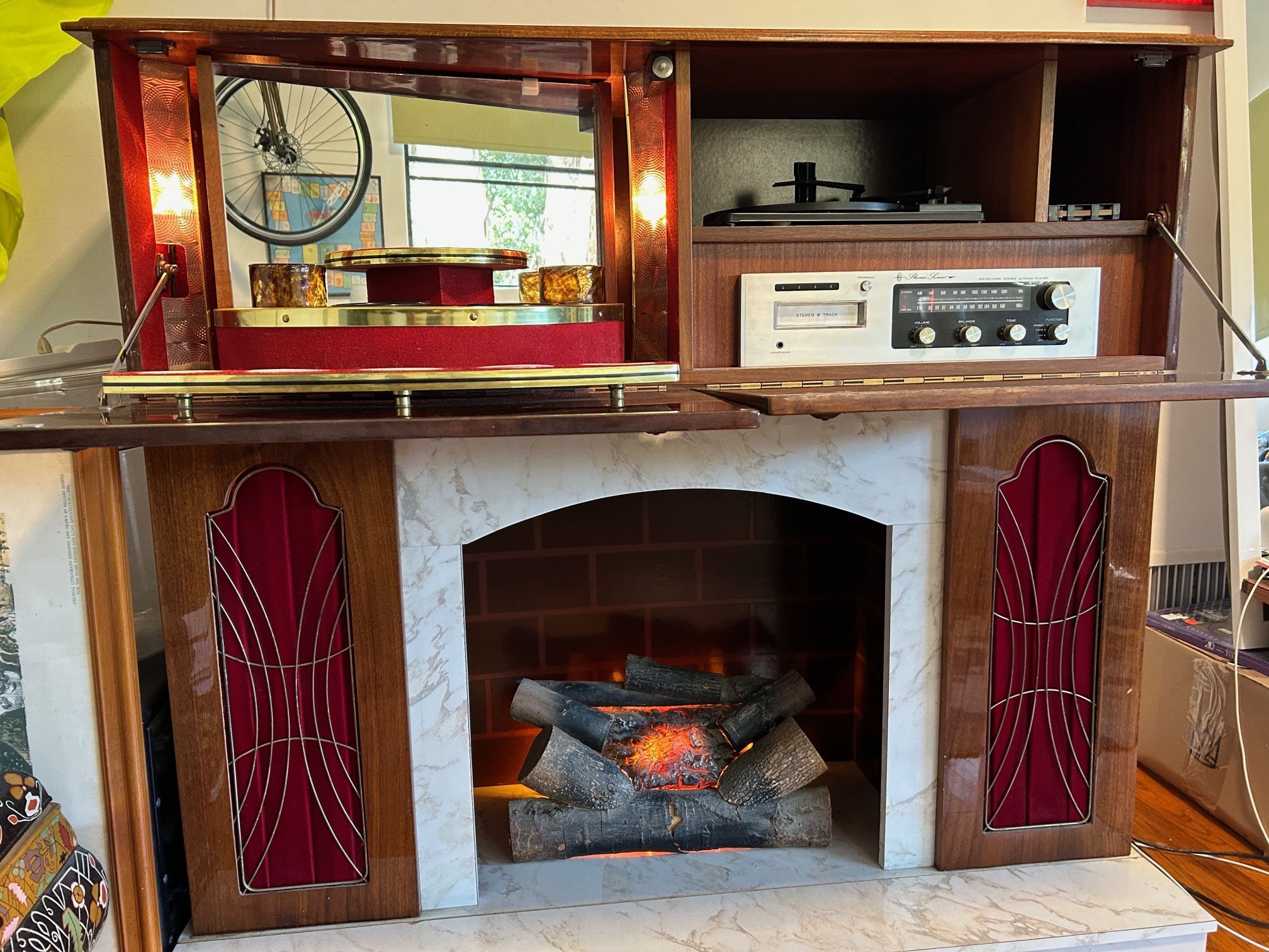 Kitschy Faux Fireplace Bar + 8 Track Player