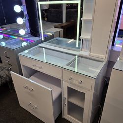 Gourges Vanity Set 2 Drawers, Side Door W/ Shelve, Slidding Stool With Storage, Side Shelve With Jewerly Door & Hollywood Mirror LED $599 Now