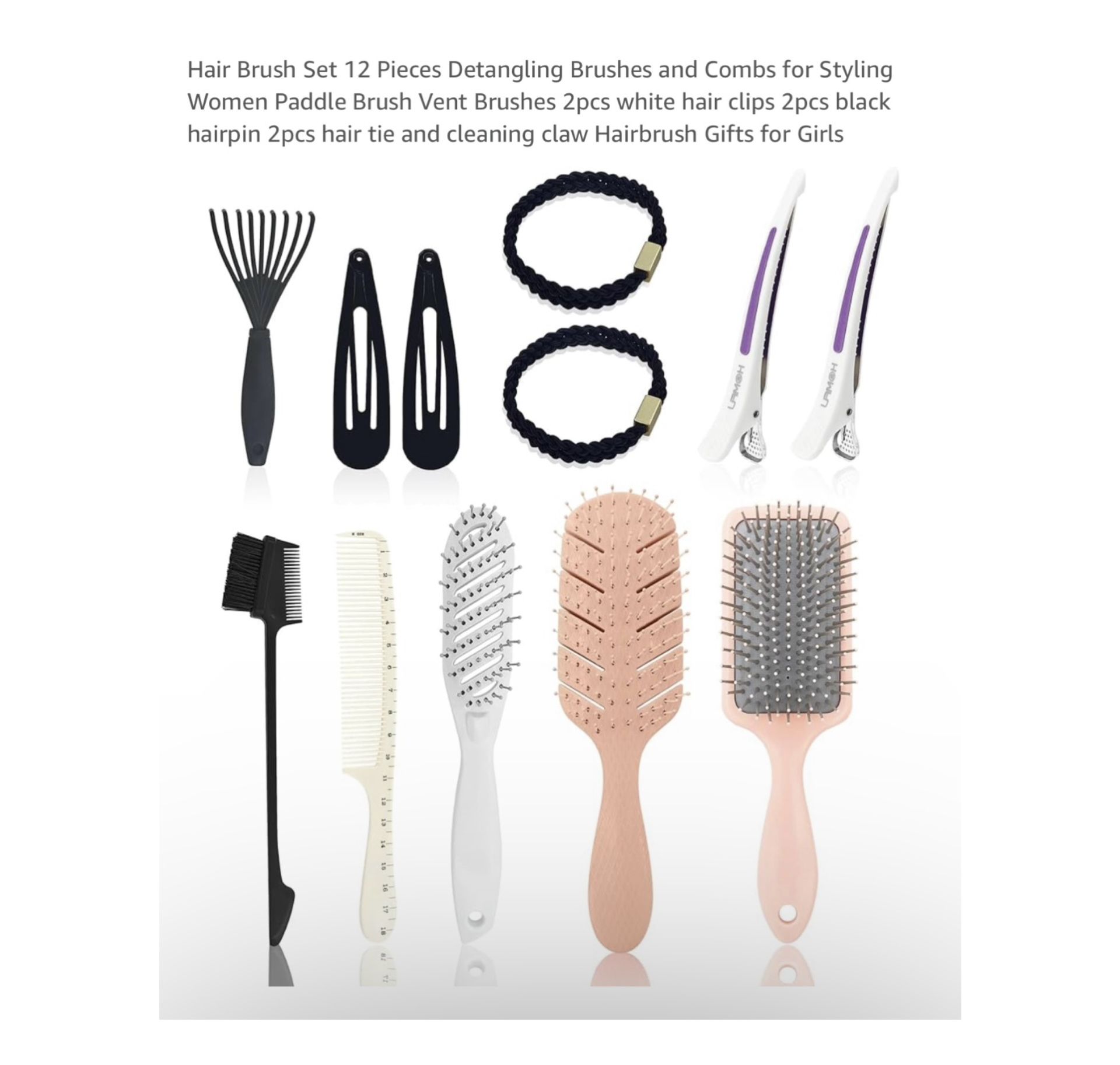 Brand new Hair Brush Set 12 Pieces Detangling Brushes and Combs for Styling Women Paddle Brush Vent Brushes 2pcs white hair clips 2pcs black hairpin 2