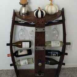 Wine Barrel Rack. Wine Bottle And Stem Glass Holder New!