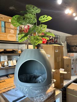 37” Hidden Plant Cat Litter Box Enclosure with Faux Plant, Scoop & Replaceable Liners – Gray
