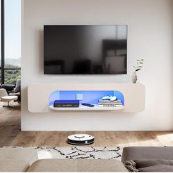 Floating TV 58'' Wall Mounted TV Shelves with 1 Open Shelf, Modern Entertainment Media Console Center Large Storage Shelf Under TV for Living Room (57