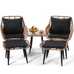 New in box 5 Piece Wicker Bistro Patio Conversation Furniture Set, Includes 2 Chairs, 2 Ottomans, an