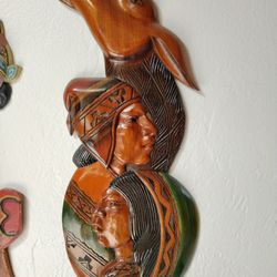 Vintage Andean folk art hand Carved Wood Face Silhouette Wall Hanging Art from Peru