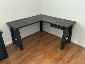 Living Spaces Jaxon Black Brown L shaped Desk Drawer Solid Wood (matching cabinet also listed)