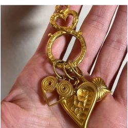 Vintage 80 90 Retro Matte gold Heart Long snake chain Maximalism Charm Necklace Gold Tone Matte