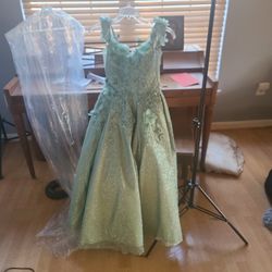 Girls Size 10 Sage Formal Dress, Bouquet, And Tiara