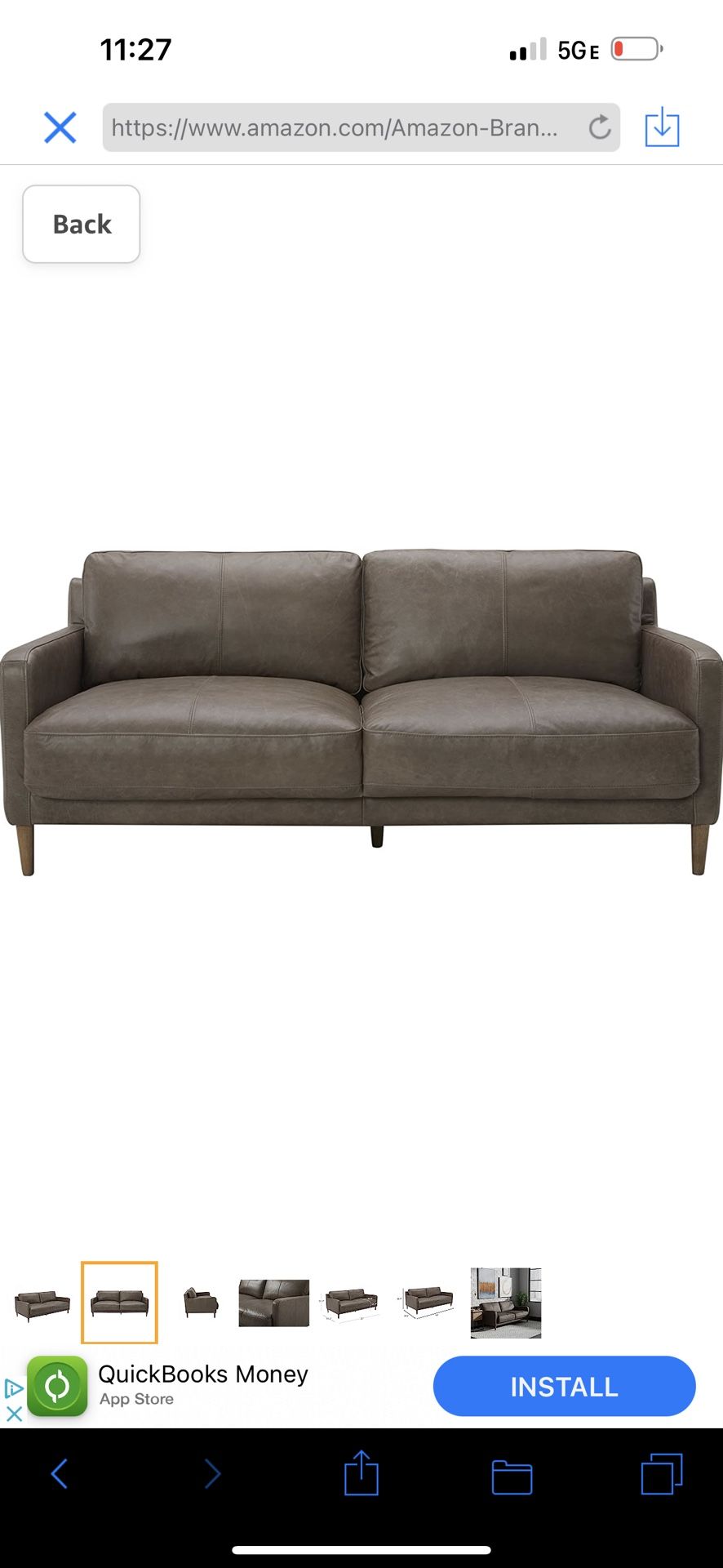 Amazon Brand - Rivet Modern Deep Leather Sofa Couch with Wood Feet, 72"W, Gray