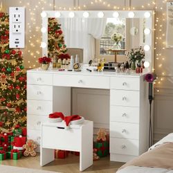 ​​Greyden Makeup Vanity Set with 11 Drawers and Outlets, Dresser with 10X Magnifying Mirror for Bedroom