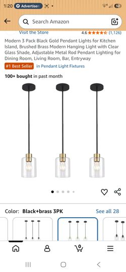 Modern 3 Pack Black Gold Pendant Lights for Kitchen Island, Brushed Brass Modern Hanging Light with Clear Glass Shade, Adjustable Metal Rod Pendant Li