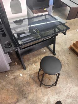Easyfashion Adjustable Glass Top Drafting Table with Stool, Black