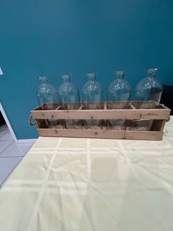 Wood Crate with 5 Glass Bottle Vases