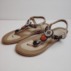 SHIBEVER Women's Jeweled Tan Thong Sandals Vegan PU Leather Size 42 US10